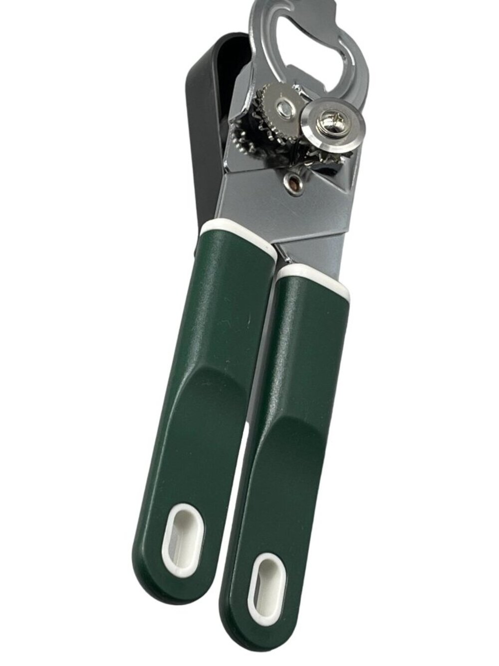 Metal hand crank can opener and bottle opener green and white plastic new READ